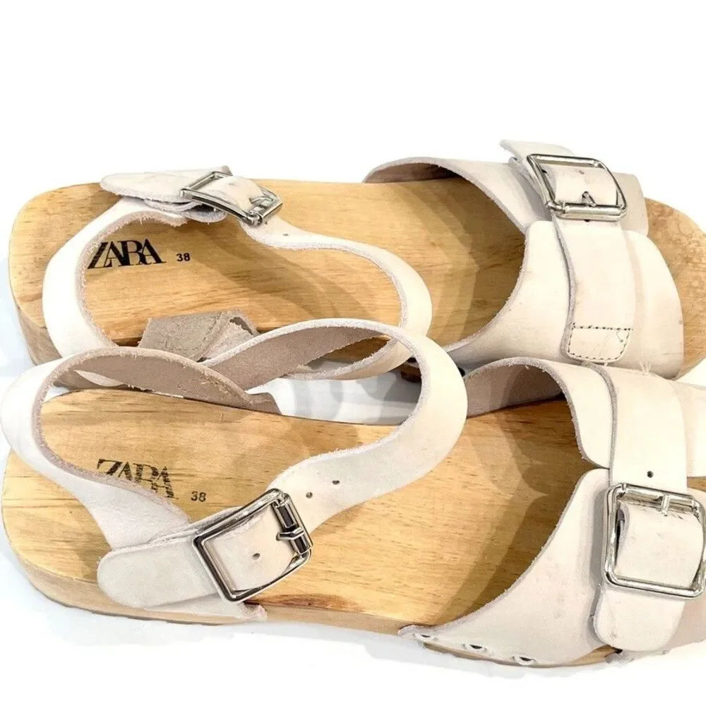 Zara White Leather Wooden Clog Sandals Buckle Platform EU 38 US 7.5 Minimalist - Picture 7 of 10